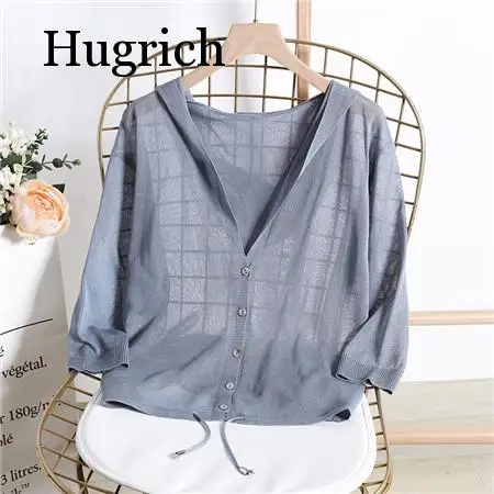 

Hooded Thin Sweater Cardigan Women Silk Linen Spring Summer Lace Up V-Neck Short Design Loose Cape Cardigans Outerwear Female