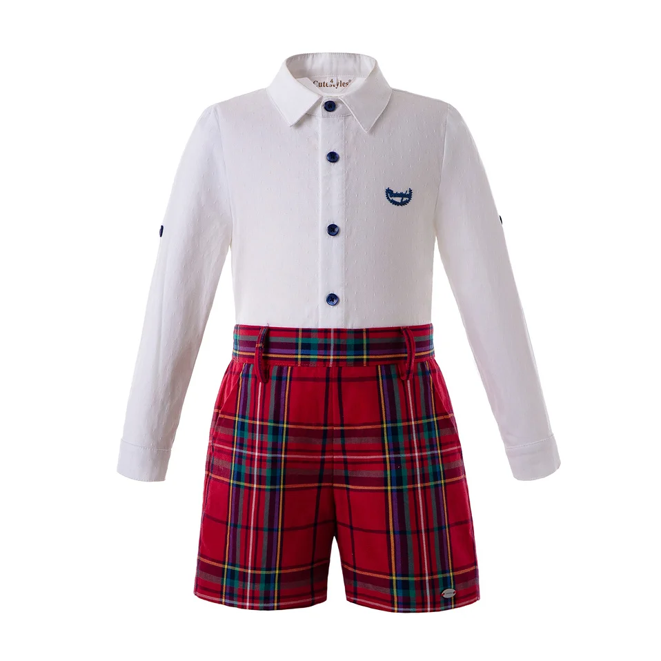 Pettigirl/Красная рождественская Одежда для мальчиков белая рубашка с вышивкой и шорты в клетку штаны с пуговицами, детская одежда, B-DMCS208-236