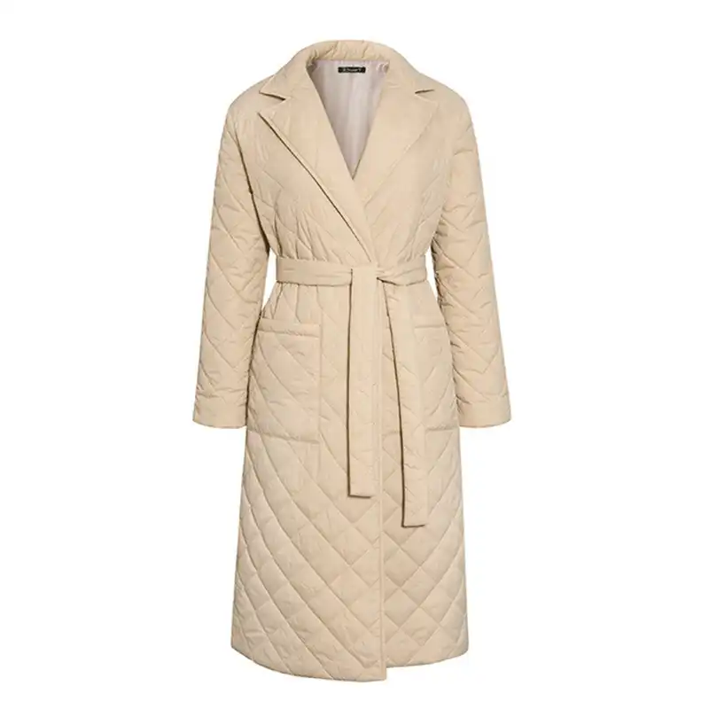 冬のカジュアルな女性パーカーコート深いポケットスーツの襟のコートダイヤモンドパターンロングストレート暖かいウインドブレーカー パーカー Aliexpress