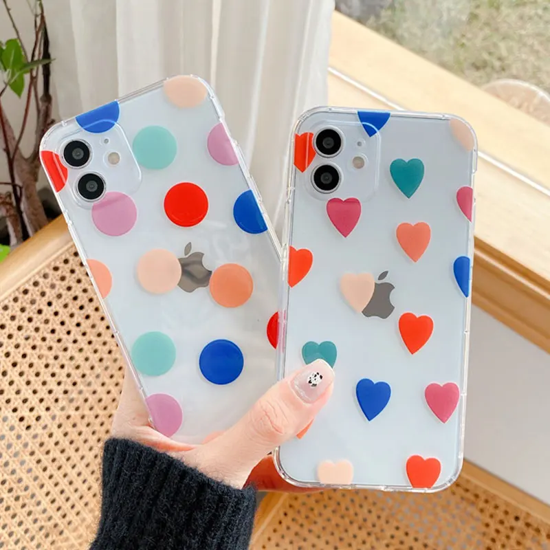 Cute Color Love Heart Wave Point Phone Cases for Iphone 11 12 Pro Max Mini Xs 7 8 Plus Xr X Clear Soft TPU Back Cover Fundas | Мобильные