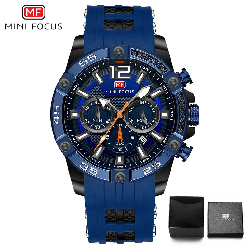 MINIFOCUS, военные мужские кварцевые часы, Лидирующий бренд, роскошный силиконовый ремешок, многофункциональные спортивные повседневные часы, мужские водонепроницаемые часы - Цвет: BOX BLACK BLUE