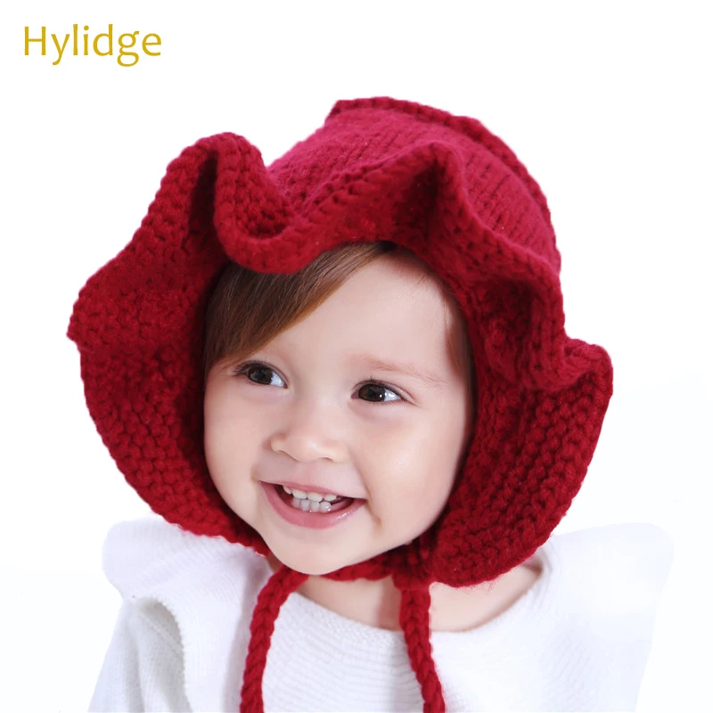 Hylidge корейский стиль для маленьких девочек вязанная шапка для мальчика, с оборками, полями принцeссы для мaлeньких дeвoчeк шапки; сезон осень-зима; Теплая Вязаная Шапка-бини, красный