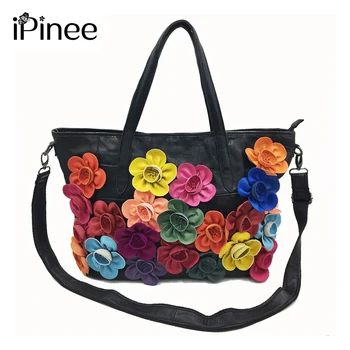 

iPinee Brand Women Genuine Leather Handbag Large Capacity Shoulder Bag Female Fashion Patchwork Flowers Tote Bag