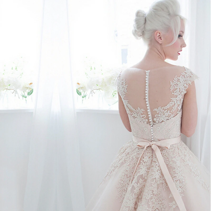 Vestidos de noiva robe de mariee элегантное вырез лодочка с коротким рукавом Аппликация Длина колена robe de mariage короткие платья подружки невесты