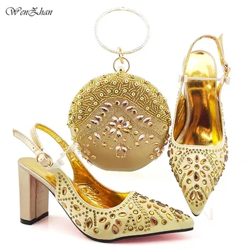 

Spring Newest African Women Matching Shoes and Bag Set Nigerian Style in Gold Italian Ladies Wedding Shoes and Bag 38-43 b912-16