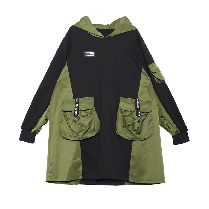 [EAM] Pocket Contrast Color Loose Fit Sweatshirt New Hooded Long Sleeve Women Big Size Fashion Tide Autumn Winter 1M641