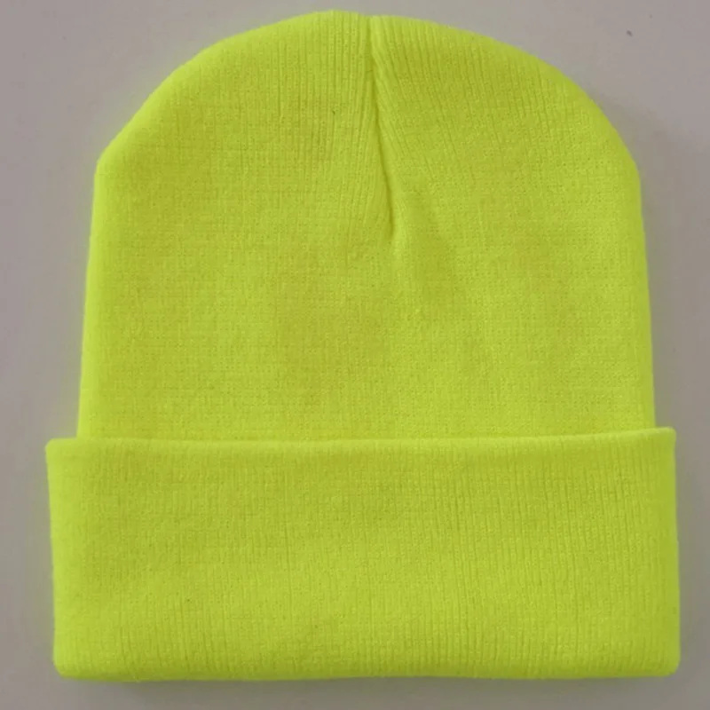 Bright Solid Acrylic Knitted Hats Women Men's Winter Plain Beanies Cap Orange Brown Black Neon Yellow Neon Green
