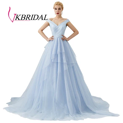 Синий VKbridal длинное вечернее платье голубое многослойное ДРАПИРОВАННОЕ бальное платье строгий халат de Soiree Abendkleider Lang Vestido Longo Festa - Цвет: Синий