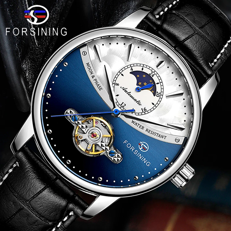

Forsining Classic Blue Moon Phase Mechanical Watches Automatic Tourbillon Men's Genuine Leather Watch Relogio Masculino Dropship