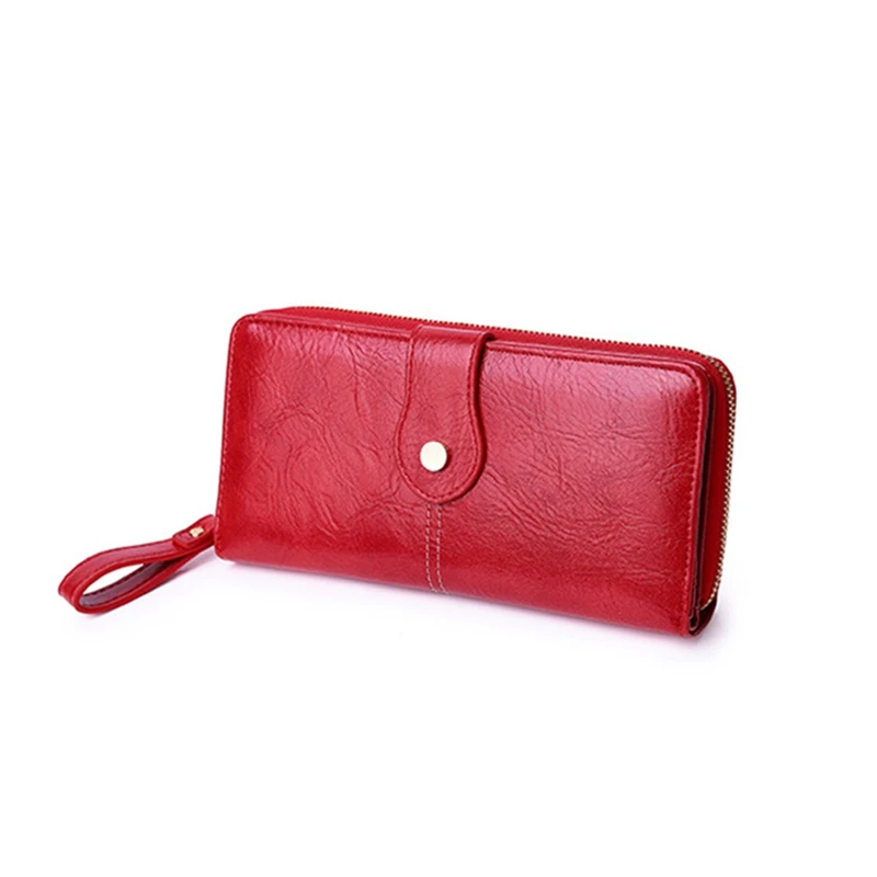 Female Wallet Long Section Thin Oil Wax PU Leather Wallet Hasp Purse Large Capacity Sunflower Hand Clutch Bag Card Holder - Color: CB1141RD