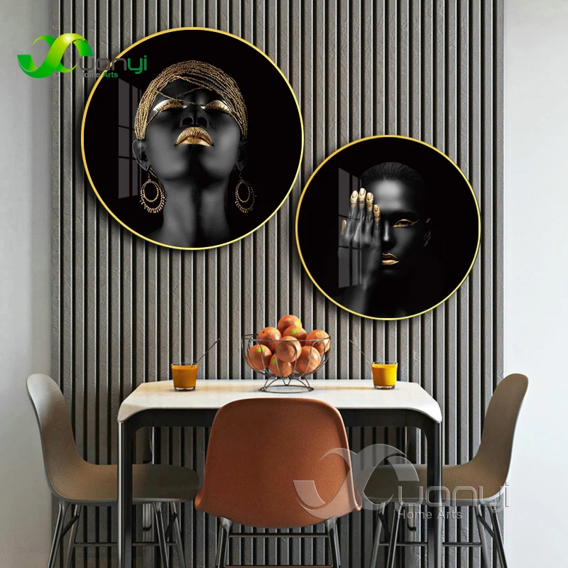 

Black African Nude Woman Round Circle Aluminum Alloy Framed Canvas Painting Wall Art Pictures For Living Room Home Cuadros Decor