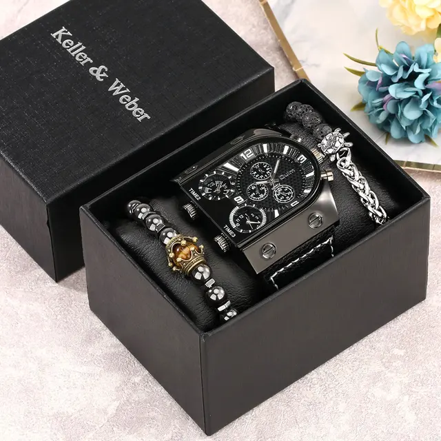 Mens Watches Top Brand Luxury Bracelets Gift Set for Men Stainless Steel Quartz Wristwatch Business Watch for Men 2PCS Gift Set 2