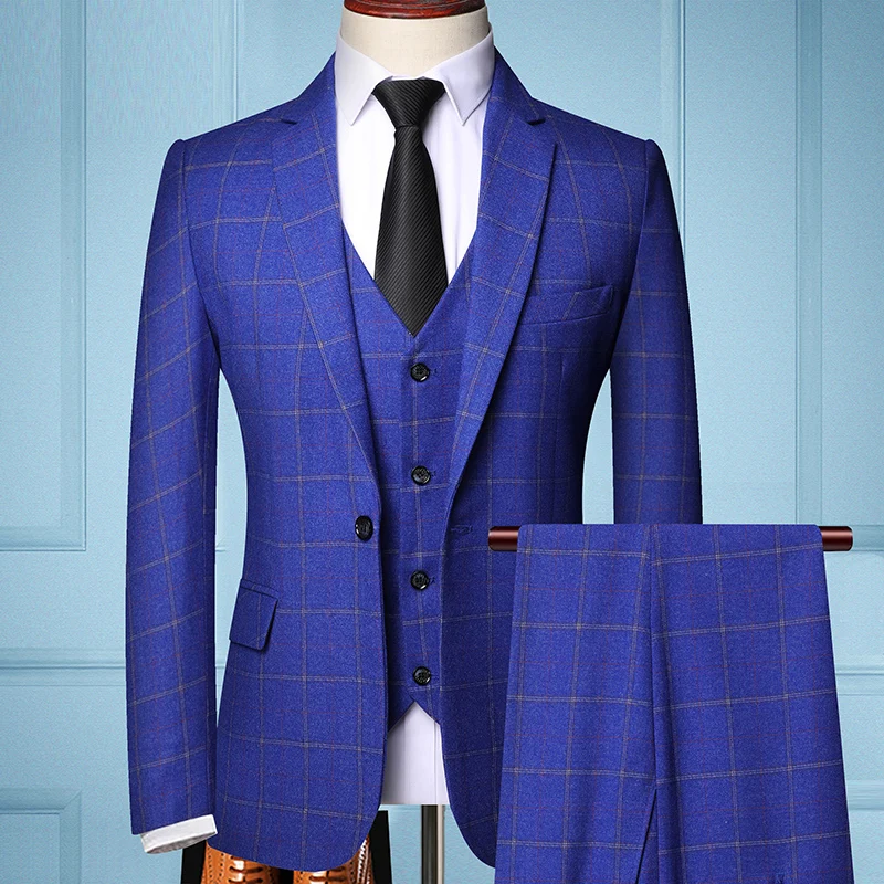 Мужские деловые костюмы из трех предметов, модный мужской бутик, клетчатый свадебный костюм(пиджак+ жилет+ брюки - Цвет: T92022