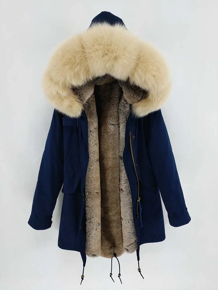 dark beige fox navy Женское пальто с большим воротником MaoMaoKong, длинная теплая повседневная парка с воротником из натурального меха енота, зимний сезон - Цвет: dark beige fox navy
