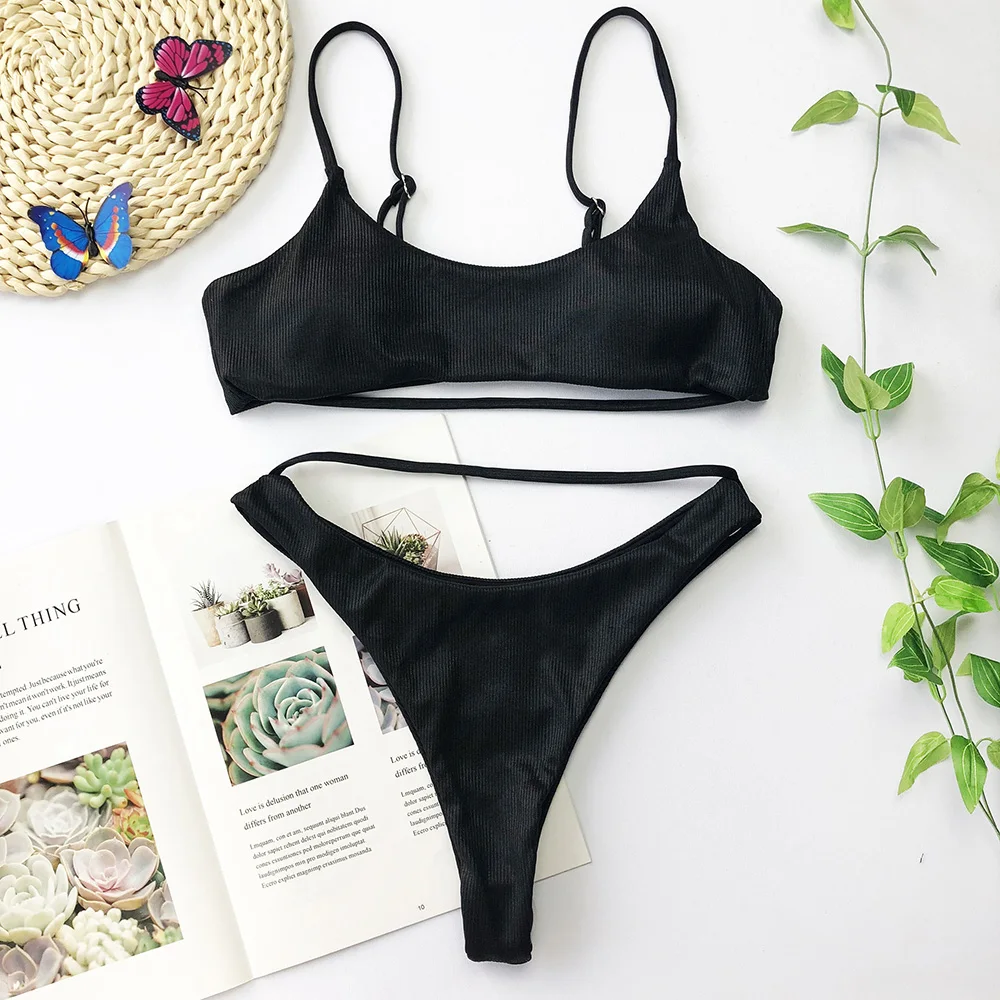 Sexy Brown Bright Bikini Set Solid Black Swimwear Hot Sale Padded High Waist Hollow Swimsuit Women Swimming Suit Bathing Suits
