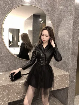 

Spring Elegant Suit Collar Debutante Graceful Gauze Joint PU Leather Dress -40