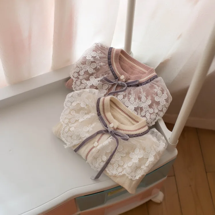 Mmtkids в Корейском стиле детская одежда для детей, вязаный свитер для девочек; с кружевным воротником с бантом Кардиган Топы H612
