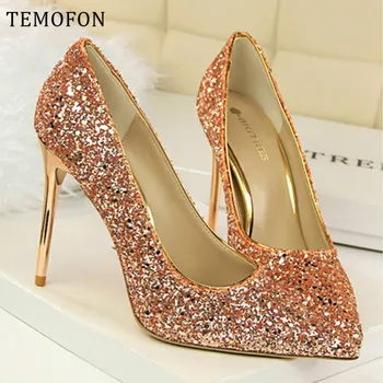 

TEMOFON women high heel shoes pointed toe women pumps sexy bling ladies shoes gold silver red bridal party wedding shoes HVT982