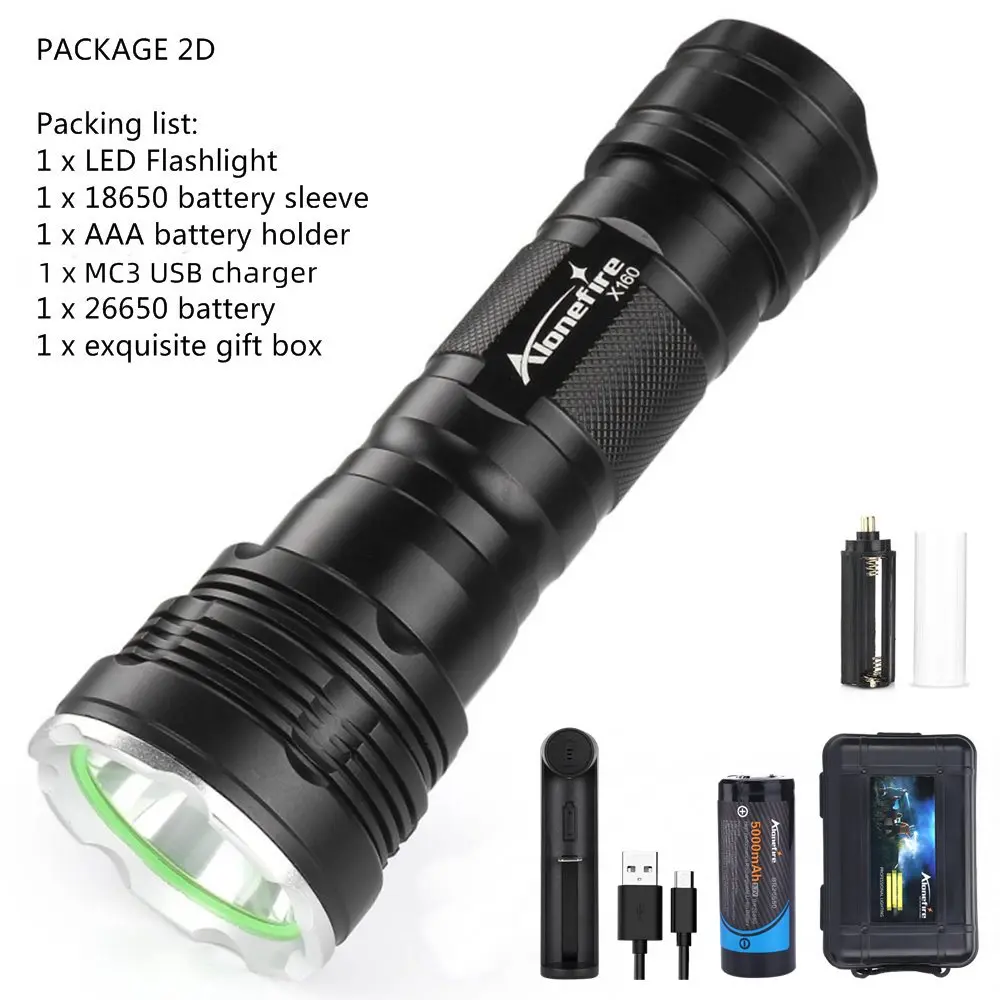 Alonefire X160 Мощный светодиодный вспышка светильник XM-L2 водонепроницаемый 26650 фонарь Linterna флэш светильник карманный светодиодный потолочный светильник - Испускаемый цвет: Package 2D