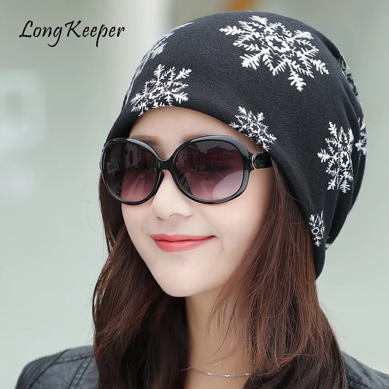 

LongKeeper Brand New Female Beanie Hat Casual Polyester Scarf Caps For Ladies Skullies Girls Snowflake Winter Hats For Women