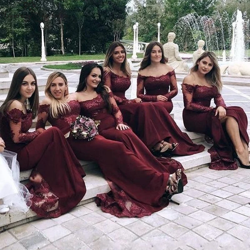 Бордовые, с длинными рукавами, платье подружки невесты, платья кружево Аппликация с открытыми плечами платье фрейлины платье для выпускного вечера свадебные платья
