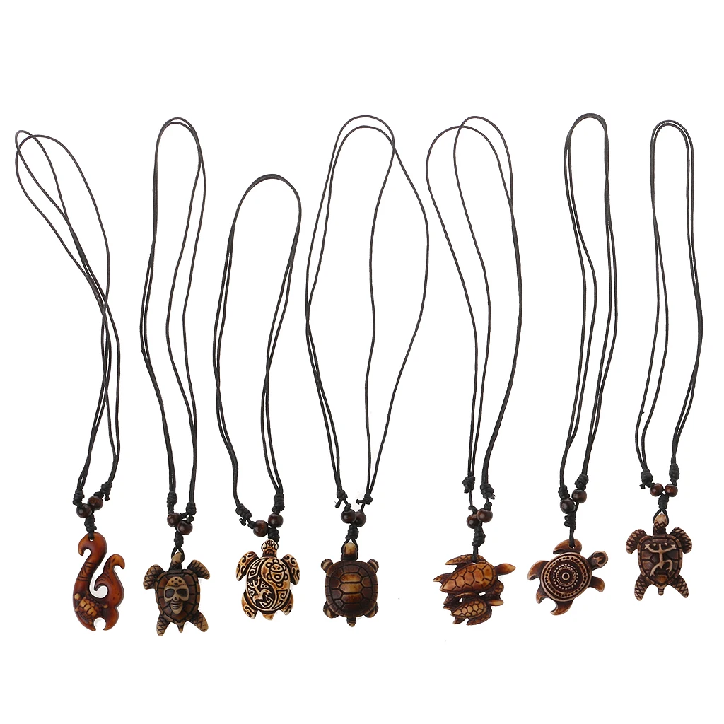 

7pcs Ethnic Tribal Faux Yak Bone Lucky Surfing Wood Sea Turtle Pendants Necklace W2952001