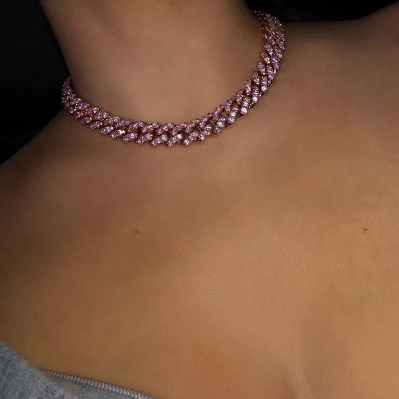 

PINK girl women jewelry micro pave pink cz miami cuban link chain choker necklace female hip hop jewelry fashion
