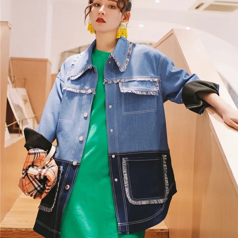 LANMREM Stitching Contrast Color Long-sleeved Edging Irregular Loose Windbreaker Woman Casual Fashion Autumn New TV548