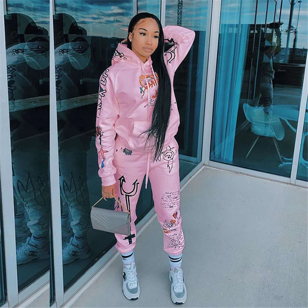 

Women Tracksuit 2 Piece Set Winter Fashion Letter Printed Hooded Jogging Suits Casual Fleece Sportswear Female