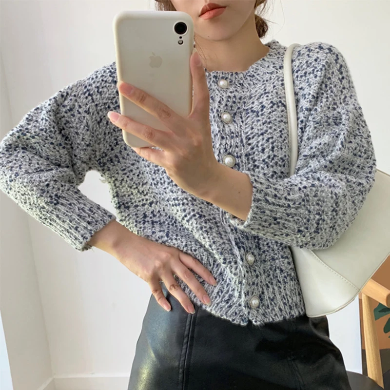 Pearl Button Sweater Cardigan Women Oversized Knitted Winter Jumper Korean Elegant Cardigan Casual Clothes Loose Coat Blue V967