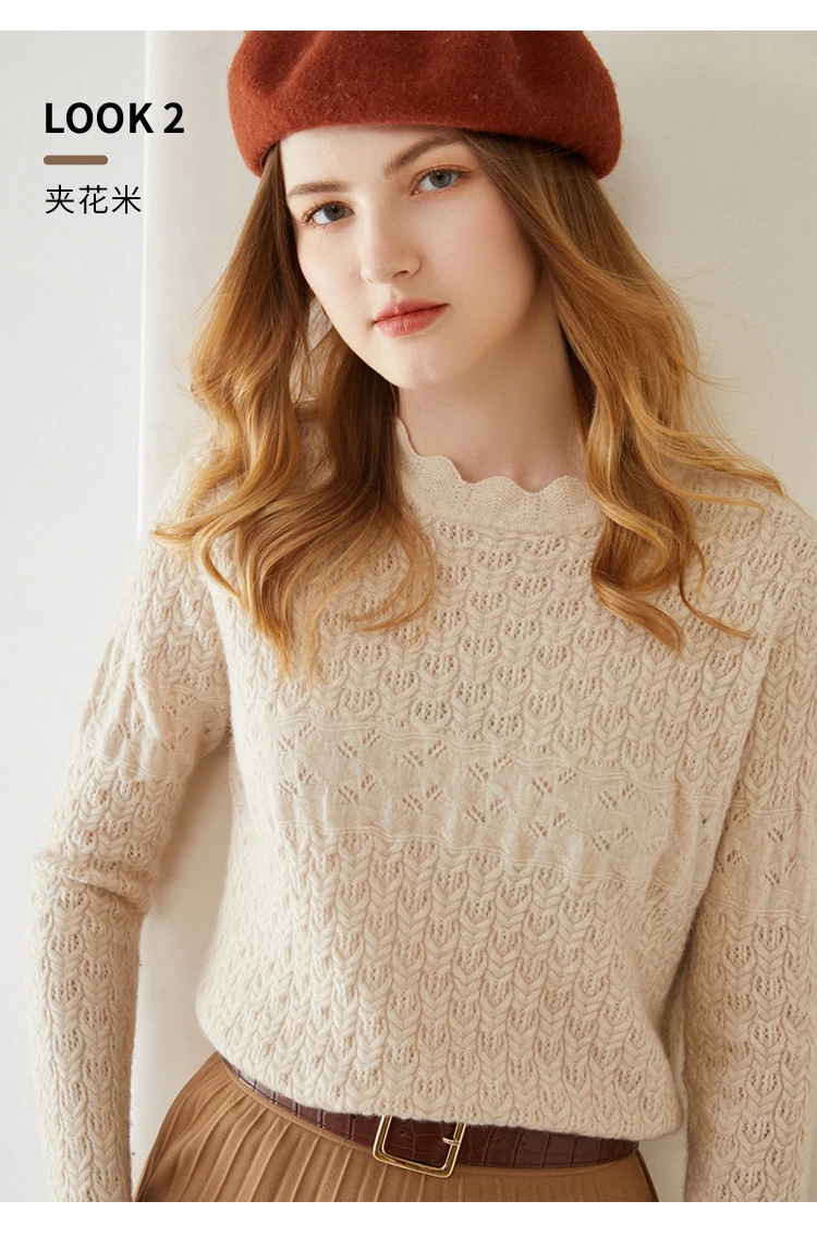 Women New Pure Cashmere Sweater Spring/Autumn O-Neck Hollow Knit Loose Pullovers Fashion 100%Wool Sweater Wild Base Shirt Female white sweater