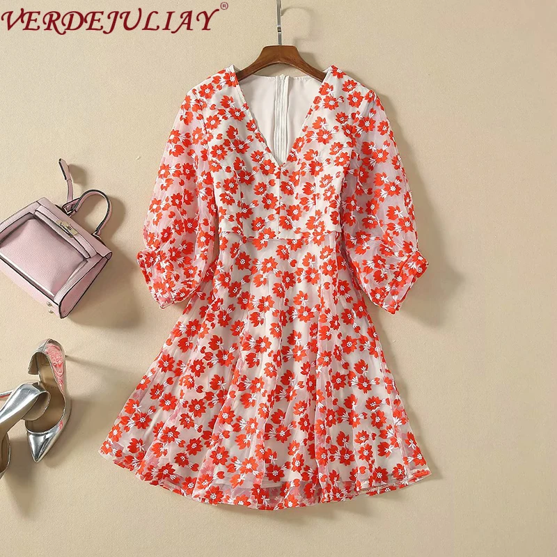 VERDEJULIAY, милые женские платья феи с цветочным рисунком, весна, новинка, роскошная Цветочная вышивка на сетке, пышное женское мини-платье с коротким рукавом