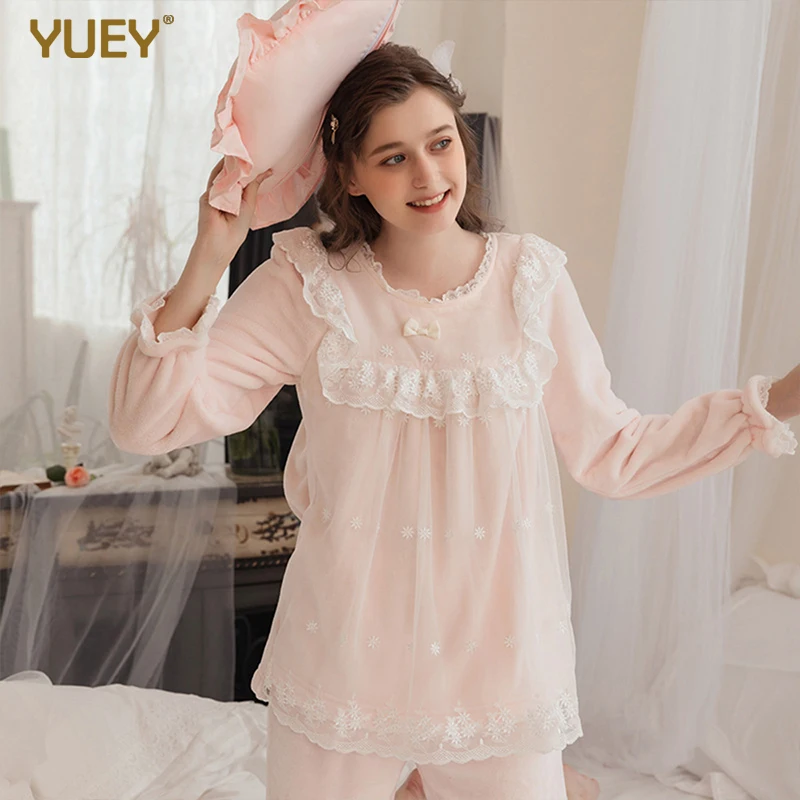 Женский бархатный пижамный комплект из хлопка с длинным рукавом, модная Домашняя одежда принцессы для зимы и осени, милый комплект для сна