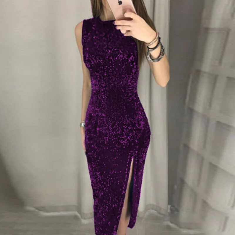 Purple Женское сексуальное блестящее облегающее платье 3XL с разрезом, элегантное приталенное платье с круглым вырезом для вечеринки, Дамское модное однотонное платье без рукавов Vestidos - Цвет: Purple