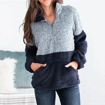 

Patchwork 2019 Women Autumn Winter Warm Pullovers Zipper Turn Down Collar Streetwear Hoodies Apricot Woolen Long Sleeve GV795