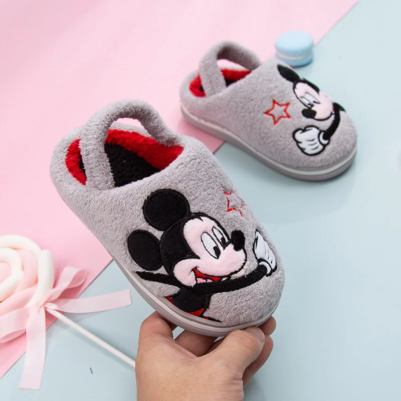 baby grey Disney Kids/сезон осень-зима; хлопковые теплые тапочки с Минни; нескользящая шерстяная обувь для маленьких мальчиков и девочек; домашние тапочки; обувь с героями мультфильмов - Цвет: baby grey