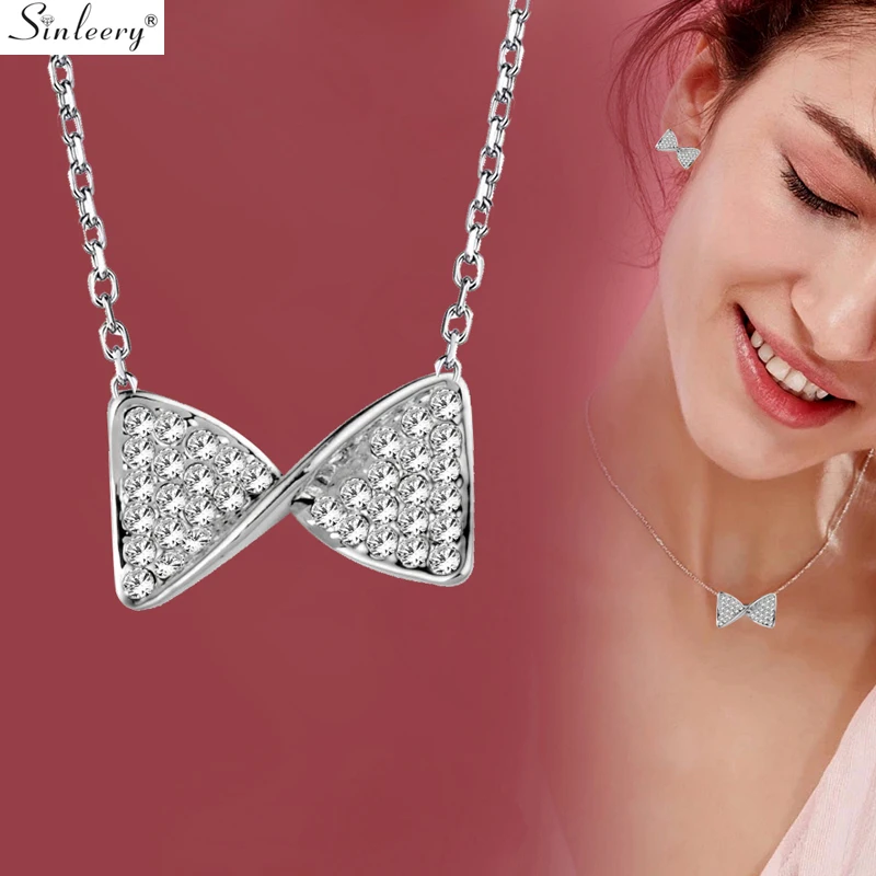 

SINLEERY Sweet Bow Knot Pendant Necklace Silver Color Pink White Blue Cubic Zirconia Choker Necklace For Women Jewelry XL203 SSH