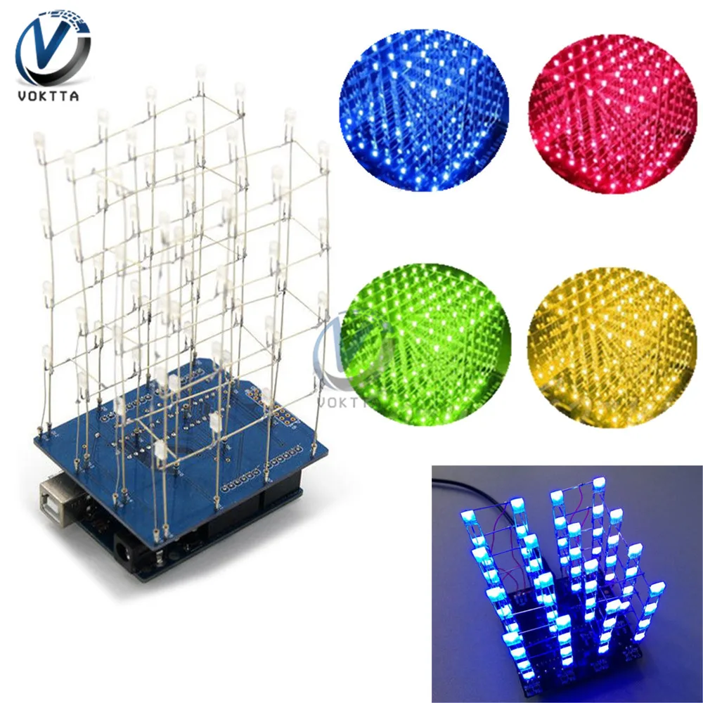 3D LED Cubic Light Cube Red Blue Green Yellow LED Electronic DIY Kits with Shell Light Cube kit Accessories Parts 4X4X4