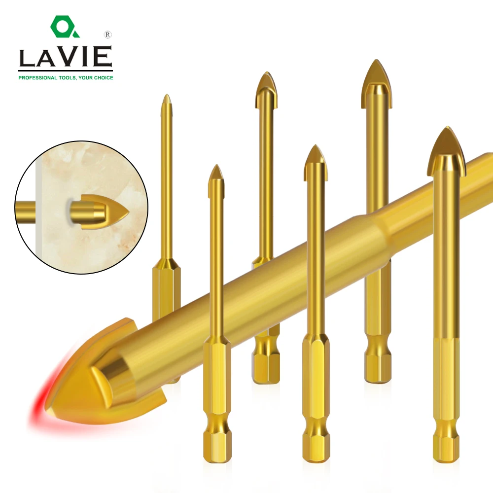 

7pcs set 1/4" Hex Shank Glass Bits Titanium Coated Glass Drill Set 3 4 5 6 8 10 12mm Tile Concrete Flat Tip Hole Bit Drilling