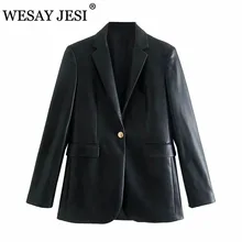 WESAY JESI Women's Autumn Jacket ZA Fashion PU Faux Leather Loose Jackets Vintage Pockets Long Sleeve Female Outerwear Chic Top