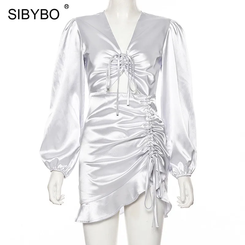 SIBYBO оборками плиссированная полая из вечерние платье Для женщин с длинным рукавом, v-образный вырез, сексуальное мини-платье ассиметричного кроя женские Повседневное платья