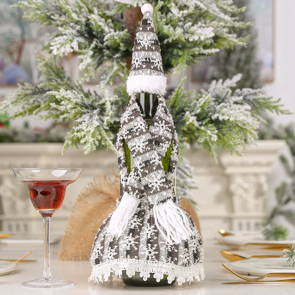 Christmas Bottle Decoration Knit Three-piece Skirt / Hat / Scarf Restaurant Layout Christmas Style Wine Bottle Cover