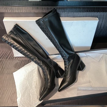 

Genuine leather Chunky high Heels Women Knee High Boots Winter Dancing Party Shoes Woman Euro Style Female Long Boots