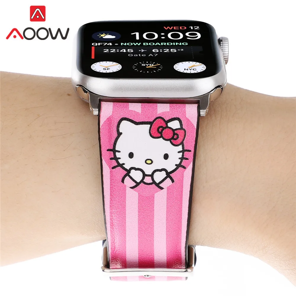 Мультфильм кожаный ремешок для наручных часов Apple Watch 38 мм, 42 мм, 40 мм 44 Микки рисунок «Hello Kitty», сменный ремешок для наручных часов, ремешок