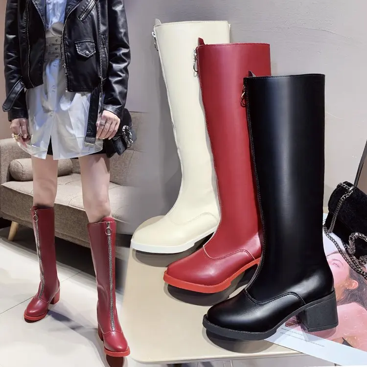 New Slim Boots Sexy Knee High Red Leather Women Snow Boots Women's Fashion Winter Thigh High Boots Shoes Woman