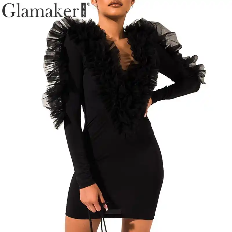 black mesh ruffle dress