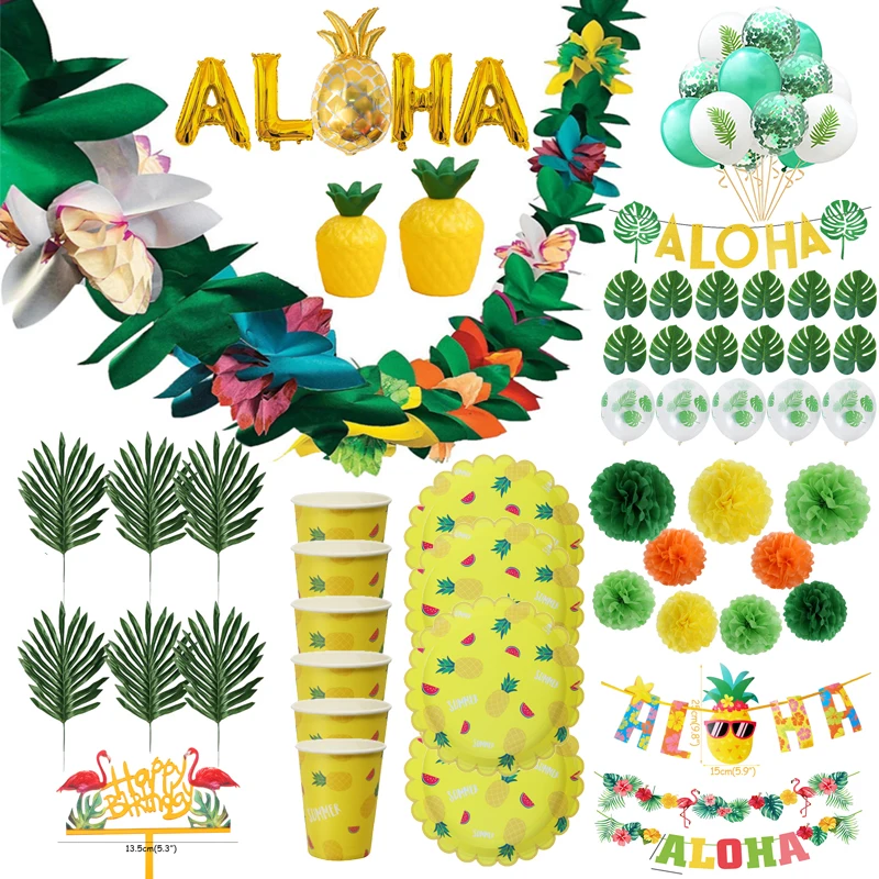 Flamingo Party Tableware Hawaii ALOHA Bunting Banner Balloon Garlands Summer Tropical Hawaiian Party Birthday Wedding Decoration
