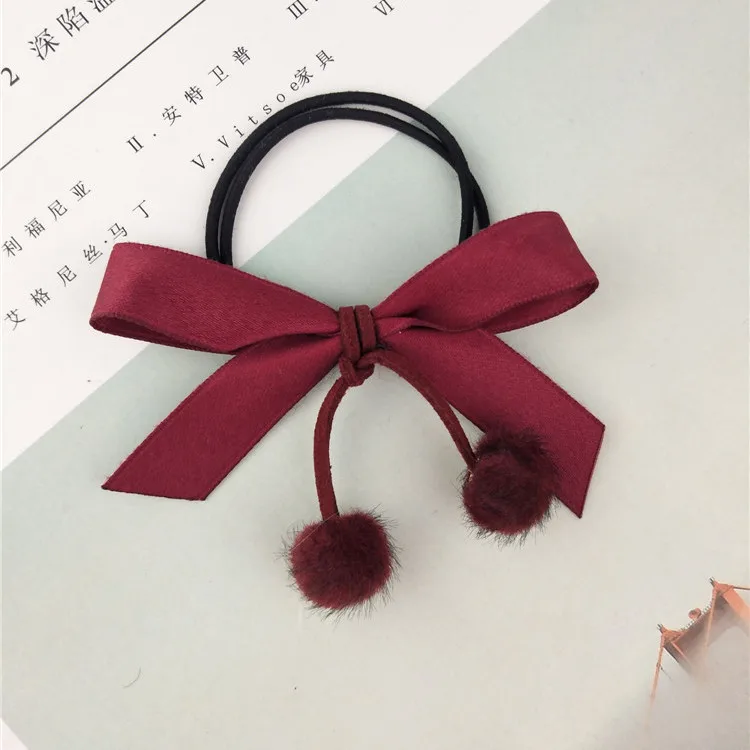 wine red Женский простой однотонный бант, пушистый меховой шар, два слоя, эластичные резинки для волос, милый конский хвост, держатель, веревки для волос, резинки, аксессуары для волос - Цвет: wine red
