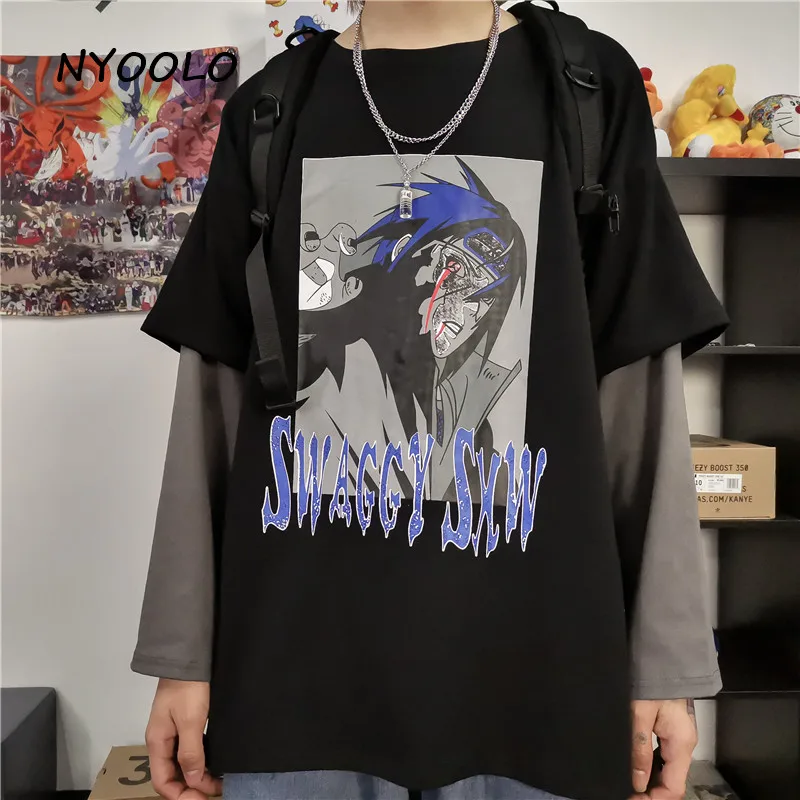 

NYOOLO Harajuku style Anime Character print fake two piece patchwork tee shirt tops Autumn street long sleeve t-shirt women men