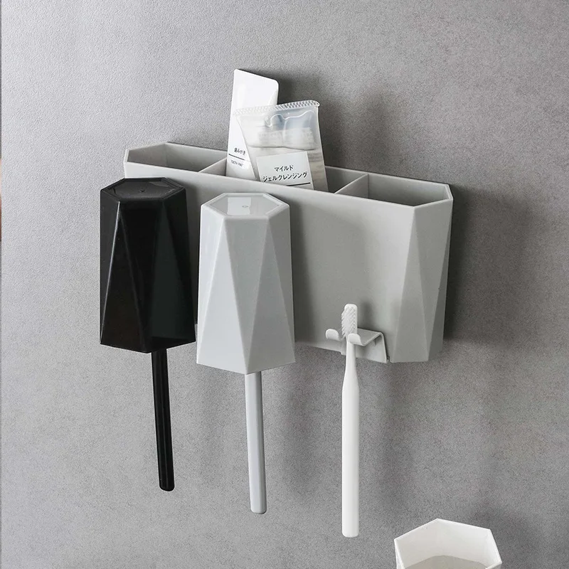 

Suction Wall Mount Toothbrush Holder 3 Wash Gargle Cups Geometric Style Bathroom Set Toothbrush Rack Organizer Space Saver